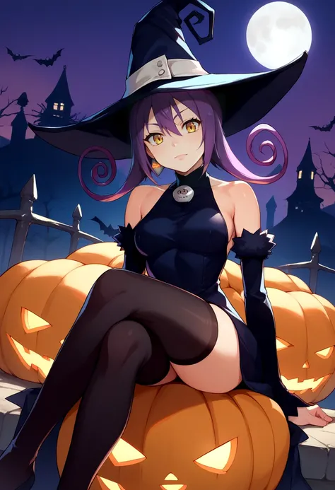 score_9, score_8_up, score_7_up, source_anime, halloween, solo, 1girl, seblair, :3, looking at viewer, sitting, crossed legs, pumpkin, witch hat, fur trim, black dress, detached sleeves, black thighhighs, outdoors <lora:souleater_blair_ponyXL:1>