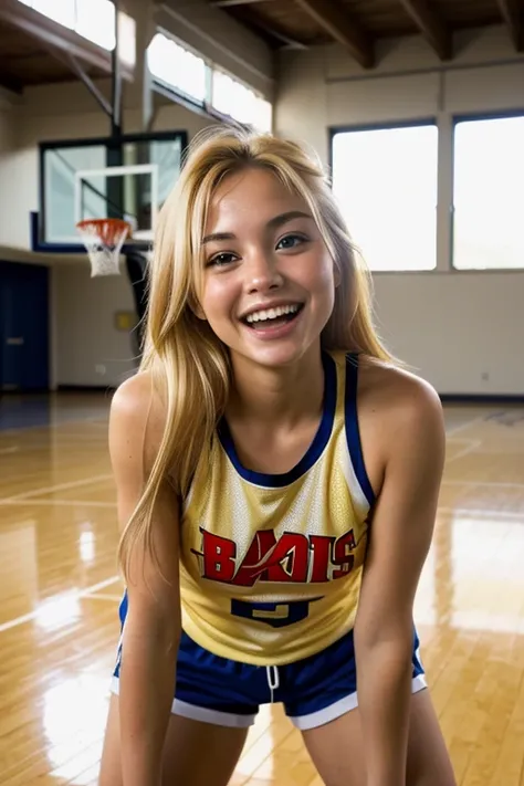 RAW photo of woman, (full body shot:1.1) portrait, (smile, happy, laughing, mouth open:1.2), sharp focus, best quality, extremely detailed. (shorts, basketball jersey:1.2). on a basketball court. (lens flare:1.01). full body view. BREAK c1ndy-001, blonde h...