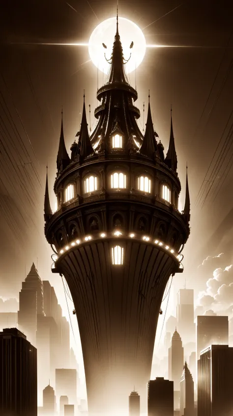 An art deco skyscraper, metropolis theme, spotlights, airship, night, lights, epic, sepia toned, uhd, high contrast, deep shadows, (intricate details:1.2), 8k, 32k, bright and vivid colors, (intense lighting: 1.3), award winning masterpiece, extremely deta...