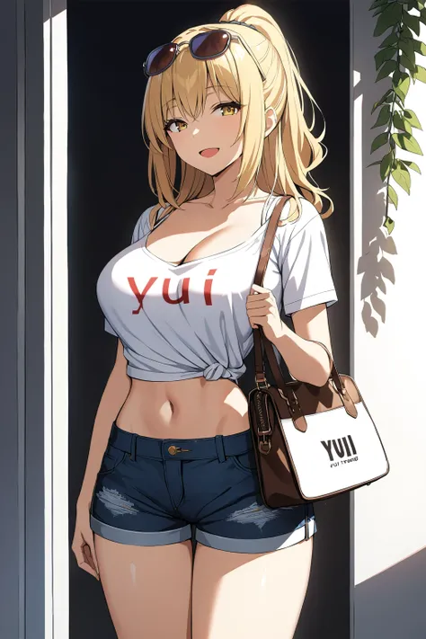 extremely detailed fine touch, natural light, sun light, light rays, dappled light, reflection, shadows, ray tracing, masterpiece, best quality, highly detailed,
 <lora:yui(sdxl):0.4> yui, 1girl, bag, blonde hair, breasts, white cleavage, cowboy shot, deni...