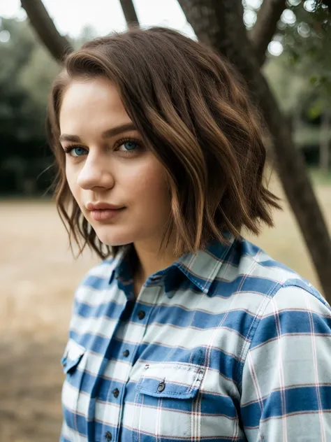 A beautiful j03yk woman, 1girl,solo,looking at viewer,short hair,blue eyes,simple background,brown hair,shirt,white background,lips,plaid,blue shirt,portrait,realistic,nose,plaid shirt,soft lighting, professional Photography, Photorealistic, detailed, RAW,...