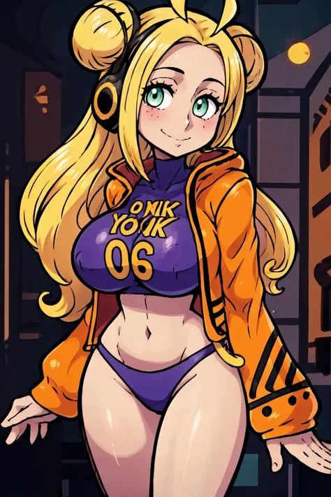 anime style,
<lora:Vegapunk_York:0.8> Vegapunk_York, solo, 1girl,  long hair, double bun, hair bun, blonde hair, orange jacket, purple crop top, purple bikini, smile, green eyes, headphones, antennae,
blurry background,,(looking at viewer, standing:1.1),, ...