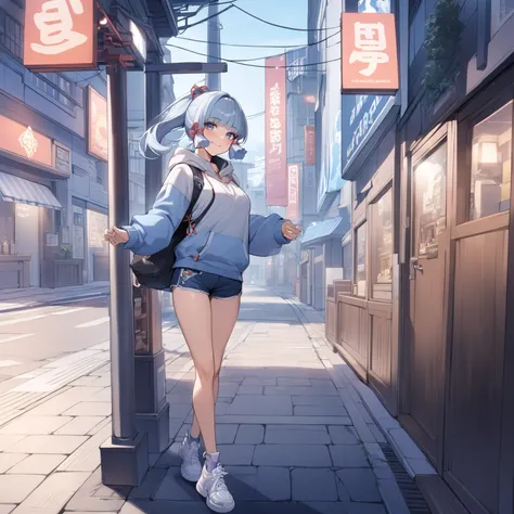 [high quality, best quality], 1girl, solo, full body, ayaka, genshin impact, watson cross, <lora:watson_cross-000021:0.64>, smile, blush, hoodie, short shorts, street, city