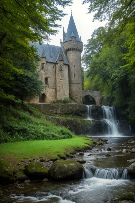 medieval castle beside a bubbling brook, natural light, perfect composition, shallow depth of field, highly detailed, high budget Hollywood film, bokeh, cinemascope, moody, epic, gorgeous, film grain