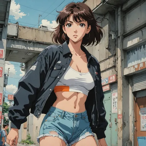 80s anime screencap, girl wearing a cropped top, jacket and short shorts, artistic rendition with wide brush strokes, anime comic