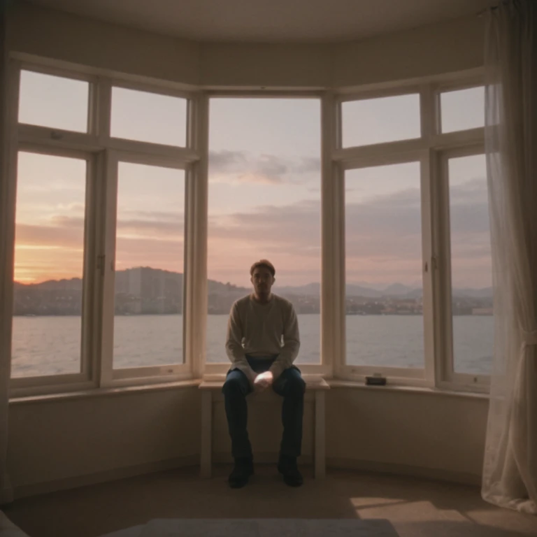 a man sitting in room, sunset, dramatic, window, <lora:arrisr2:0.4>, 16mm, arri-sr-2film, cinestill, film, kodak, vintage