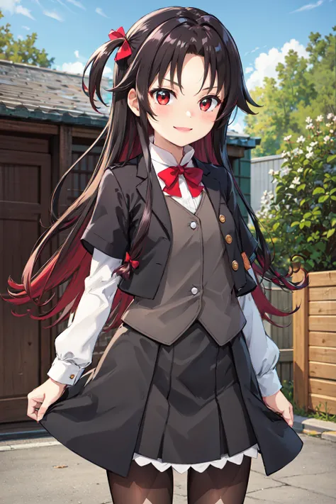 masterpiece,best quality,highres,ultra-detailed,yashajin ai,long hair,multicolored hair,one side up,parted bangs,sidelocks,hair bow,jacket,black jacket,open jacket,red bowtie,vest,brown vest,shirt,white shirt,short sleeves,short over long sleeves,skirt,bla...