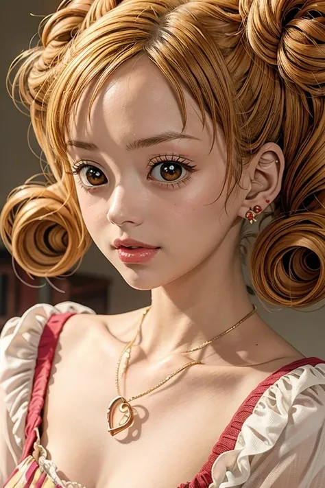 Mikako_Kouda, 1girl,baby bangs,blunt bangs,pixie bangs,blonde hair,brown eyes,curly hair,earrings,eyelashes,hairclip,heart hair ornament,makeup,pouty lips,red lips,smile,solo,twintails