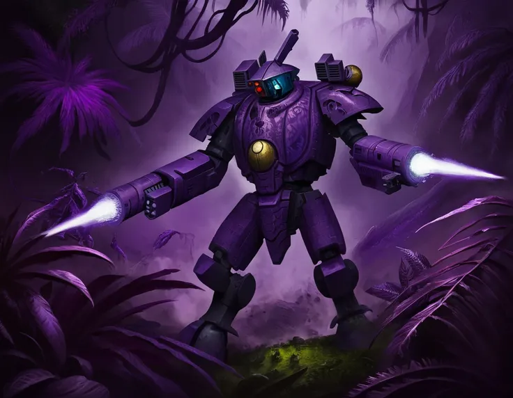 Masterpiece, high quality illustration, Tau XV8 Crisis Battle Suit, jungle, dense vegetation, night, tense, action, complex background, [landscape], Purple, 
muted colors, grimdark, sci-fi, warhammer 40k, painting, concept art, extremely detailed, By Mark ...