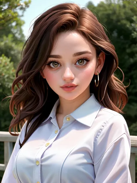 A beautiful j03yk woman,1girl,solo,long hair,brown hair,shirt,long sleeves,brown eyes,white shirt,upper body,outdoors,parted lips,day,blurry,tree,lips,looking to the side,blurry background,suspenders,realistic,soft lighting, professional Photography, Photo...