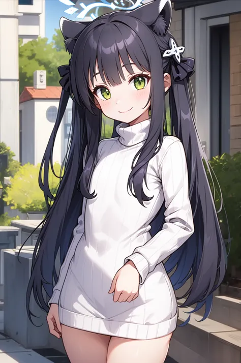 1girl, solo, (masterpiece, best quality), outdoors, street, shun, green eyes, black hair, bangs, twintails, hair bow, hair ornament, animal ears, halo, flat chest, smile, closed mouth, ribbed sweater, sweater dress, turtleneck