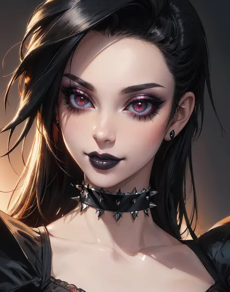 ((Masterpiece, best quality, edgQuality)),smile
edgChoker, 1girl, solo, close-up, spikes,(goth makeup),pale skin,metal choker,wearing edgChoker,lipstick<lora:edgChokersv2:1>