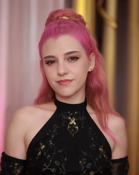 a picture of m4riaB,pink hair, realistic, photorealistic, detailed skin, surface scattering, bokeh, skin pores,<lora:m4riaB:1>,wearing a (golden gala dress:1.3)