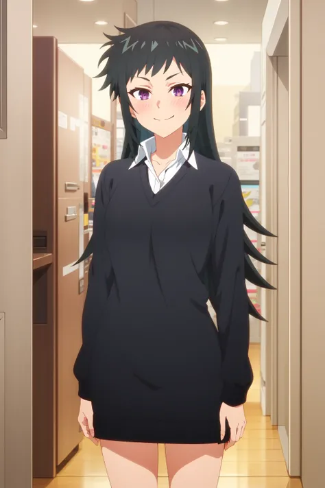 <lora:anime_screencap_v2:0.3> tall body, tall, long legs, mature female, mature, adult, <lora:GoodHands-vanilla:1.4>, simple background
 <lora:eft_shikimori_green:0.8> eft_shikimori_green, black hair, smile, purple eyes, long hair, shirt, white shirt, pink...