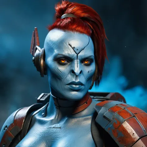 Masterpiece, warhammer 40k, high quality digital painting, closeup of a beautiful Tau female fire warrior, (blue skin), red hair, undercut, broken battlesuit, exposed breasts, small breasts, 
looking at the viewer, dramatic, unreal engine 5, vivid colors, ...