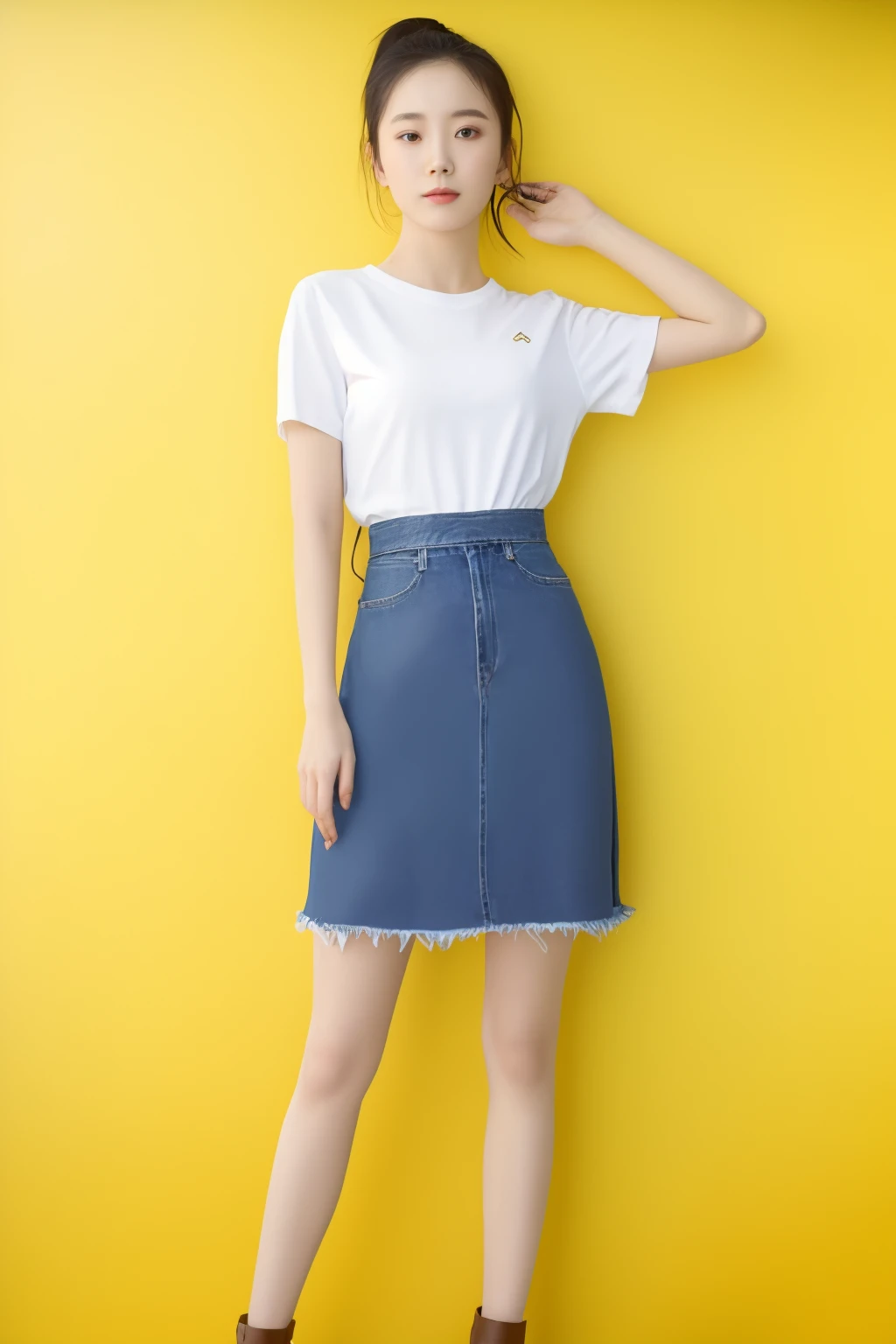 denim,huangyue,jeans,jewelry,looking at viewer,ponytail,ring,shirt,short sleeves,skirt,standing,white shirt,yellow background,zipper,zymz,<lora:ZTMZ:0.7>,