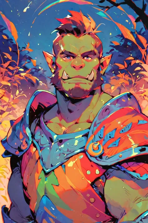 score_9, score_8_up, score_7_up, rainbow style, vibrant colors, vivid colors, solo, male focus, mature male, orc, green skin, tusks, beard, outdoors, armor, looking at viewer, shoulder armor, breastplate, upper body, closed mouth, pauldrons, night, night s...