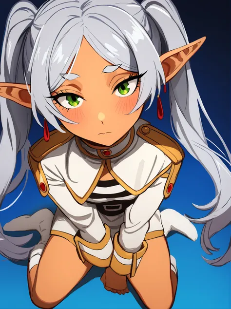 ,<lora:Khylestyle6:0.9>,Khyleri style, pointy ears, 1girl, earrings, full body, dark-skinned female, grey hair, parted bangs, elf, twintails, long hair, green eyes, blush, closed mouth, looking at viewer, jewelry,frieren, gradient background, blue backgrou...