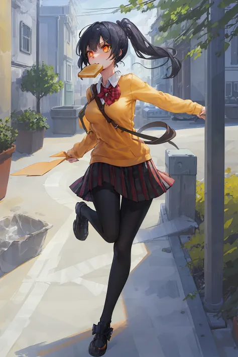 ((((ultra illustrated style:1.0)))),best quality,best animated,masterpiece,ray tracing, global illumination,running, 1girl, pantyhose, school uniform, skirt, black pantyhose, outdoors, ponytail, solo, plaid skirt, day, shoes, black hair, plaid, bow, hair o...