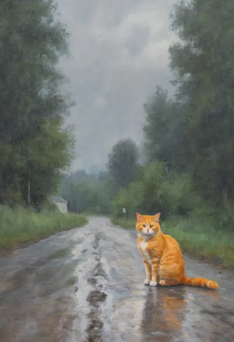 impressionist painting of a lonely abandoned orange cat sitting on the country road in the rain