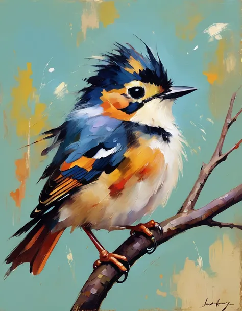 an impressionist painting, Birds head tilt, curious, Tiny feathers, fluffed in thought, World in a chirp