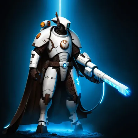 Masterpiece, highest quality illustration, Sphyrnid Navigator, a Tau auxiliary, white battlesuit, and blinking blue lights, wires, cloak, staff, (cybernetic implants), dark shadowy environment, muted colors, 
simple background, tension, unreal engine 5, 2d...