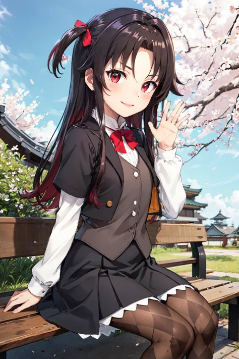 masterpiece,best quality,highres,ultra-detailed,yashajin ai,long hair,multicolored hair,one side up,parted bangs,sidelocks,hair bow,jacket,black jacket,open jacket,red bowtie,vest,brown vest,shirt,white shirt,short sleeves,short over long sleeves,skirt,bla...