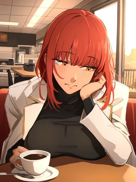 ,<lora:Khylestyle6:0.9>,Khyleri style, red hair, braided ponytail, cup, pov across table, medium hair, bangs, restaurant, sitting, looking down, coffee, head rest, makima (chainsaw man), turtleneck sweater, yellow eyes, teacup, breast rest, jacket on shoul...