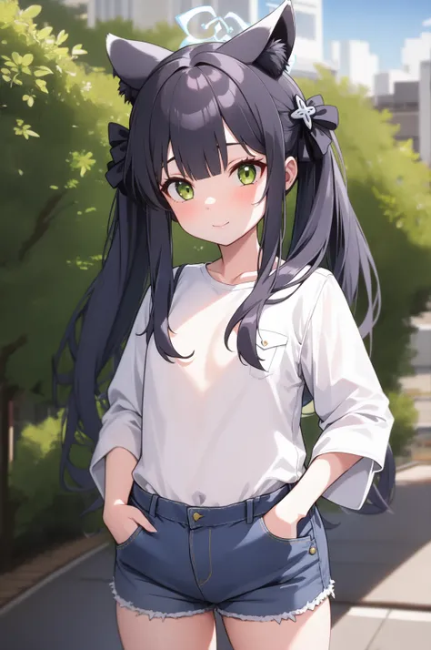 1girl, solo, (masterpiece, best quality), outdoors, street, shun, green eyes, black hair, bangs, twintails, hair bow, hair ornament, animal ears, halo, flat chest, denim shorts, white shirt, wide sleeves, hand on pocket