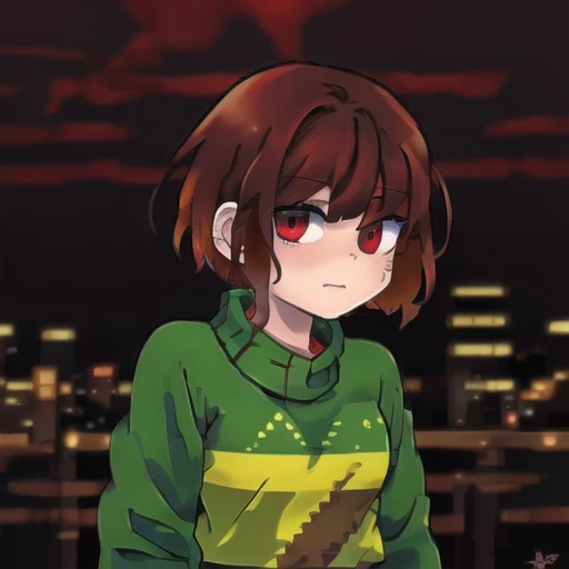 <lora:Soulash_2_characters_style:1> , soulash_2_characters_style,   <lora:Chara_Undertale:0.8> chara undertale, brown hair, red eyes, green and yellow striped sweater, sweater, striped sweater, short hair