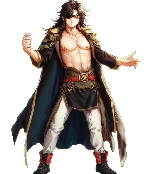 masterpiece, white background, simple background , standing, full body, 1 man, solo, looking at viewer, mature, old man, fighting pose, long hair, messy hair, black hair, eyepatch, pirate coat, bare chest  <lora:Suikoden Males:1>