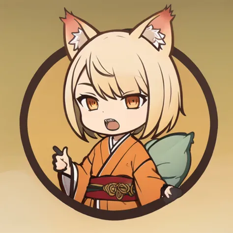 Youukkoo, looking at viewer, short hair, open mouth, blonde hair, animal ears, upper body, teeth, orange eyes, fox ears, sharp teeth, pointing, orange kimono <lora:Sengoku_Youko_00_01:0.8>, brdrgi, chibi, <lora:Border_GIi_00_02:1.0>