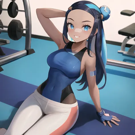 masterpiece, best quality, highly detailed, 1girl, solo, <lora:nessa pokemon by Goofy Ai:0.8> (nessa_pokemon:1.3),
dark-skinned female, dark skin, blue eyes, aqua eyes, long hair, black hair, blue hair, aqua hair, multicolored hair, two-tone hair, hair bun...