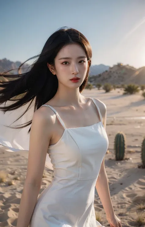 janggyuri,1girl, dynamic angle, desert, (cactus) in the foreground, white dress, with golden accessories,light tracing, (windy dust:1.2) in the foreground,(floating hair:1.1),
hot sun,(cowboy shot),professional model,
(photorealistic:1.4), official art, fr...