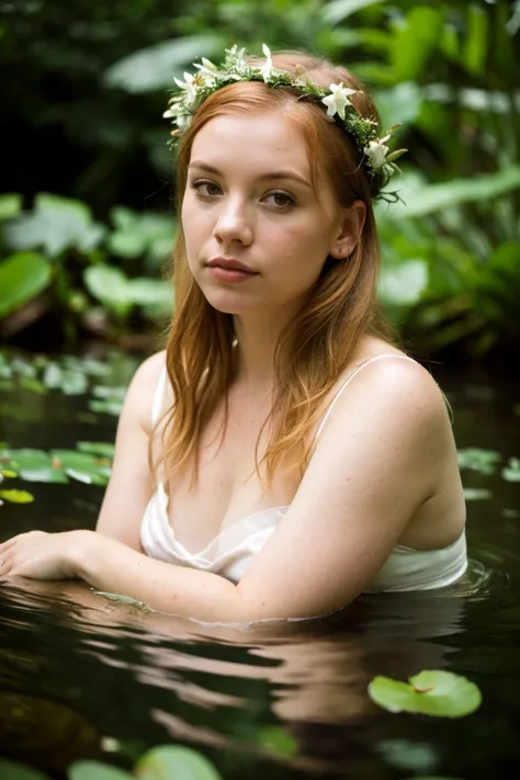 forest lily pond, ginger woman relaxing in water, nervous expression, upper body portrait, sheer white cloth, natural, flower crown, eyes contact, scenic, summer, shallow depth of field, vignette, highly detailed, high budget Hollywood film, bokeh, cinemas...