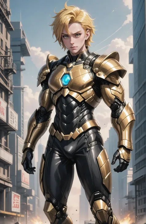 superhero, (full body:1.2), 1boy, man, bishounen, solo, [:creative costume design,:0.2] gunslinger, (fantasy studded leather armor:1.4), chinese, shiny darkgoldenrod hair, (muscular:1) build, infinite scifi megastructure outside of time<lora:EnvyAnimeSuper...