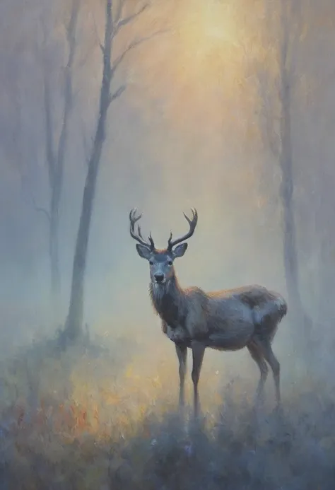 impressionism abstract and atmospheric deer emerging from the mist in the early morning impressionism oil painting