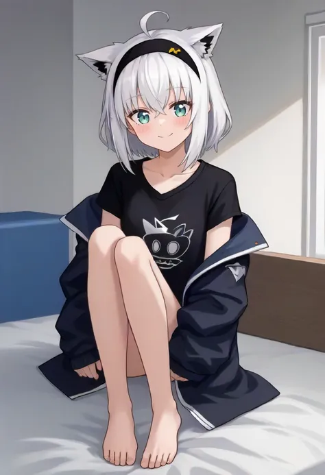 score_9 BREAK source_anime, 1girl, full body, bedroom, sitting, fubukirelax, sidelocks, black t-shirt, black hairband, no pants, black jacket, open jacket, white hair, ahoge, barefoot, light smile<lora:fubukiXL-07:0.9>