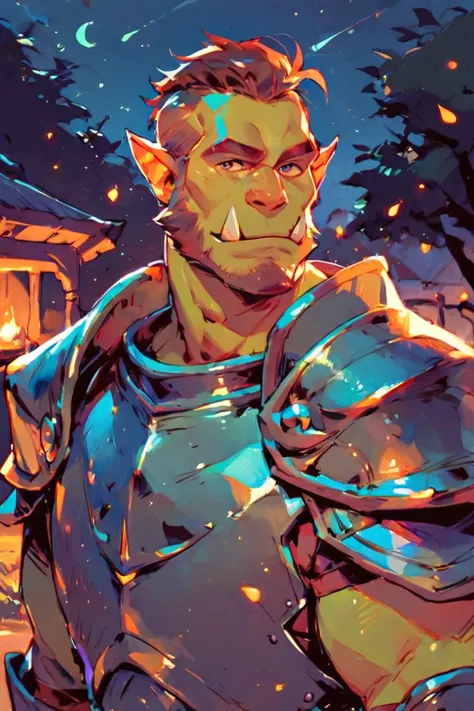 score_9, score_8_up, score_7_up, solo, male focus, mature male, orc, green skin, tusks, beard, outdoors, armor, looking at viewer, shoulder armor, breastplate, upper body, closed mouth, pauldrons, night, night sky, standing <lora:Rainbow Style SDXL_LoRA_Po...