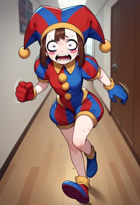 score_9, score_8_up, score_7_up, source_anime, solo, 1girl, pomni, colored skin, blush stickers, sweat, scared, screaming, running, jester cap, striped clothes, puffy short sleeves, mismatched gloves, puffy shorts, hallway, motion lines <lora:digitalcircus...