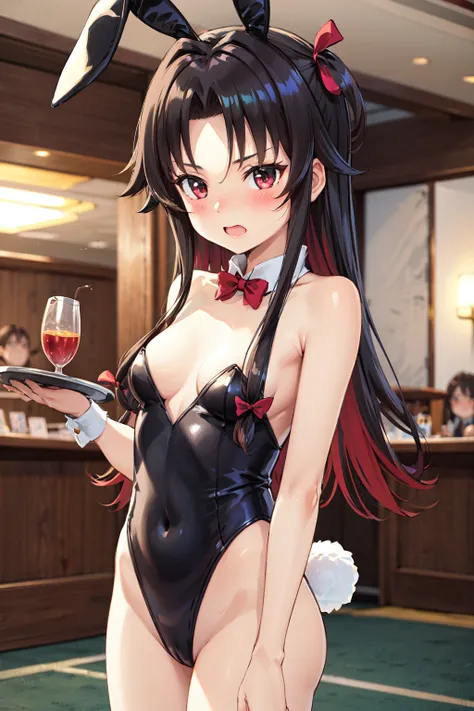 masterpiece,best quality,highres,ultra-detailed,yashajin ai,long hair,multicolored hair,one side up,parted bangs,sidelocks,hair bow,<lora:yashajin_ai:0.8>,rabbit ears,playboy bunny,casino,holding tray,embarrassed,blush,standing,