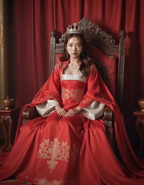 beautiful majestic awe inspiring court painting of parkshinhye as an empress sitting on her throne, crown, red drapes, luxurious and elegant atmosphere, <lora:ParkShinHyeXL:1>