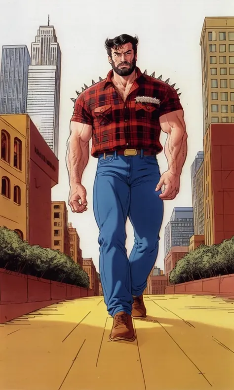 xmtas1992, Logan, Wolverine, James Howlett,mutton chop beard,  cartoon, flat colors, 1man, walking in new york, plaid shirt, hairy, spikey black hair, muscular, jeans, hairy arms, t-shirt, stocky