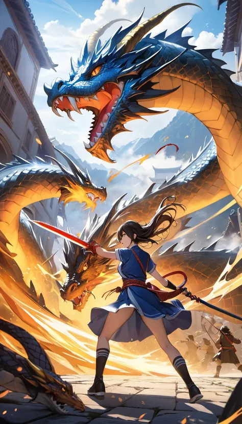 1girl, fighting a dragon, vivid, detailed background, masterpiece, best quality, high quality, absurdres