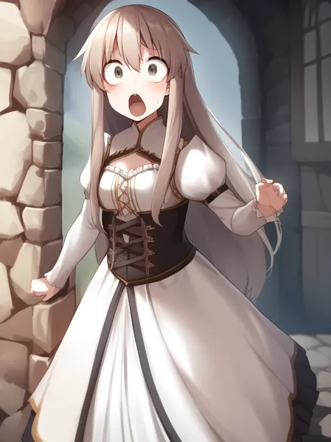 photography of a beautiful young medieval woman, beautiful dress, outside,, anime, scream