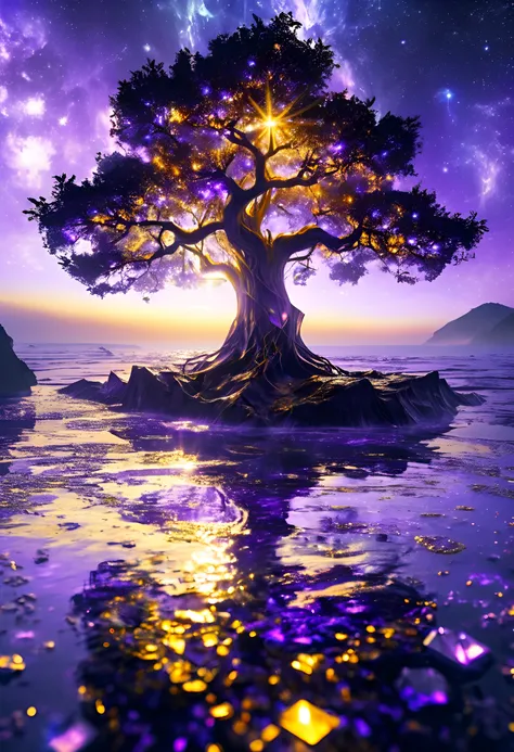 The divine tree of knowledge, an interplay between purple and gold, floats in the void of the sea of quanta, the tree is made of crystal, the void is made of nothingness, strong contrast, dim lighting, beautiful and surreal scene. wide shot