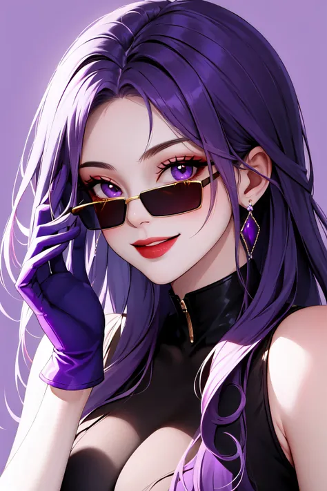 1girl, solo, long hair, looking at viewer, smile, large breasts, shirt, gloves, cleavage, bare shoulders, jewelry, purple eyes, purple hair, pantyhose, earrings, shorts, sunglasses, eyewear on head, purple background, round eyewear, purple gloves, <lora:fa...