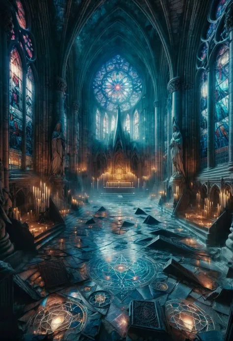 ais-rcn, an abandoned cathedral bathed in moonlight, its broken stained glass windows casting eerie patterns on the dusty floor, with a dark altar standing ominously at the nave <lora:ais-rcn-sdxl:1>, cinematic