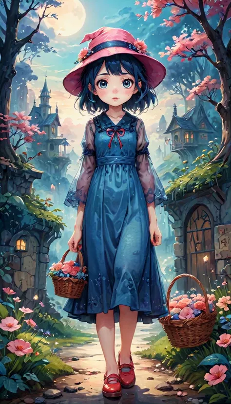 A cute girl with a basket of flowers in a blue dress, pink hat and red shoes, in the style of a Gothic illustration, whimsical landscapes, high detail, childrens storybook style, well-drawn outlines in Japanese ink, muted colors, watercolor style, children...