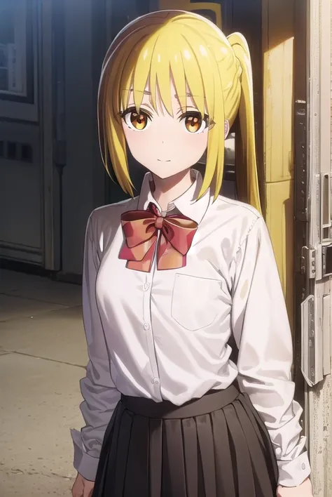 nijikaijichi, <lora:nijika ijichi s1-lora-nochekaiser:1>, 
nijika ijichi, ahoge, (yellow hair:1.5), (brown eyes:1.5), long hair, side ponytail, smile,
BREAK (black skirt:1.5), bow, bowtie, collared shirt, pleated skirt, polka dot, polka dot bow, red bow, (...